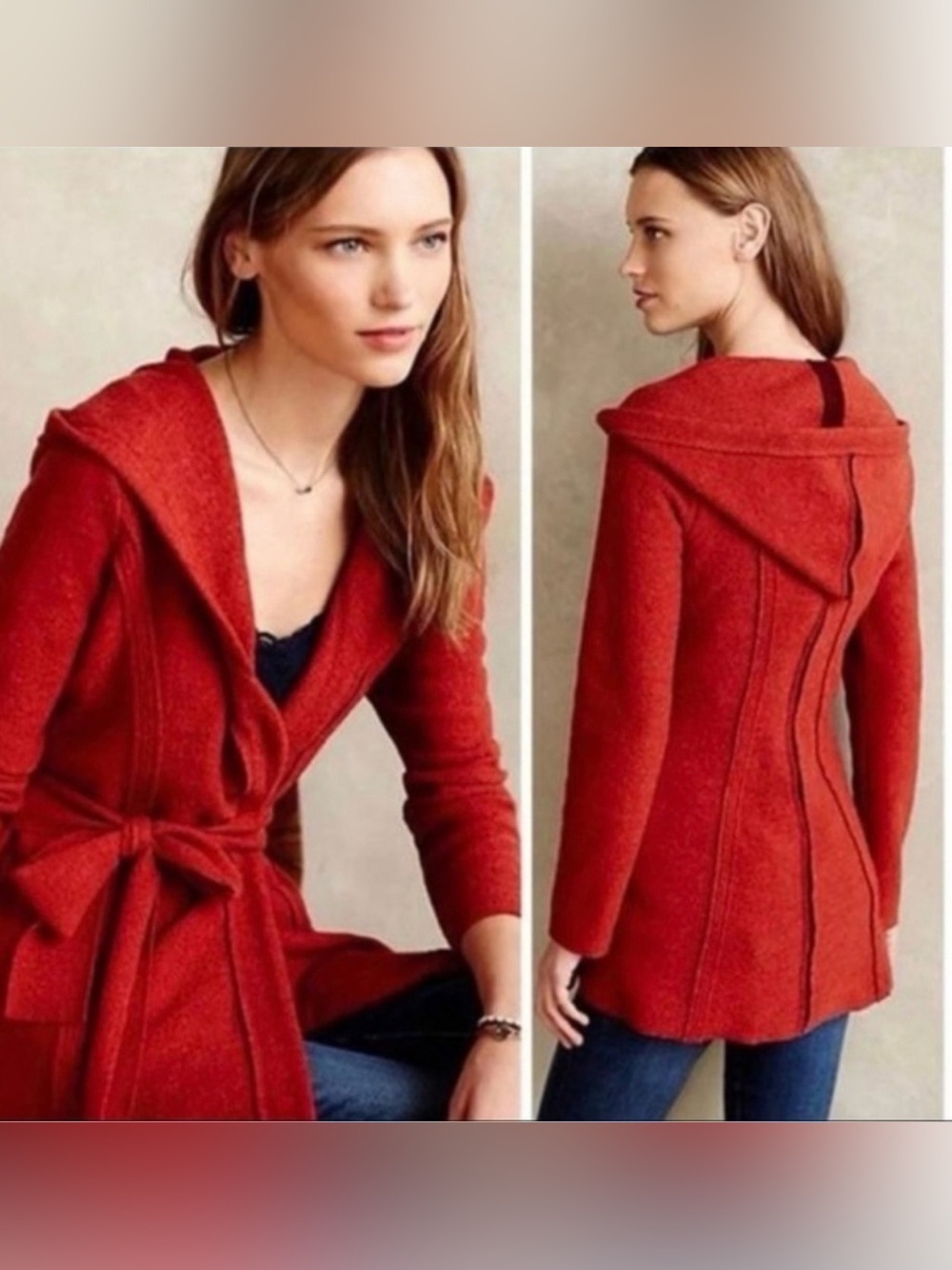 Anthropologie Rosie Neira Hooded Orange Belted Sweater